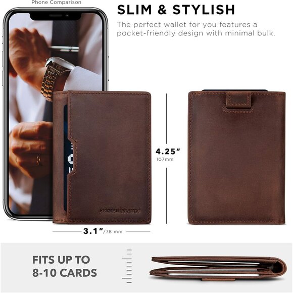 Men Brown Slim leather RFID Blocking Minimalist Card Front Pocket Wallets - Picture 7 of 10